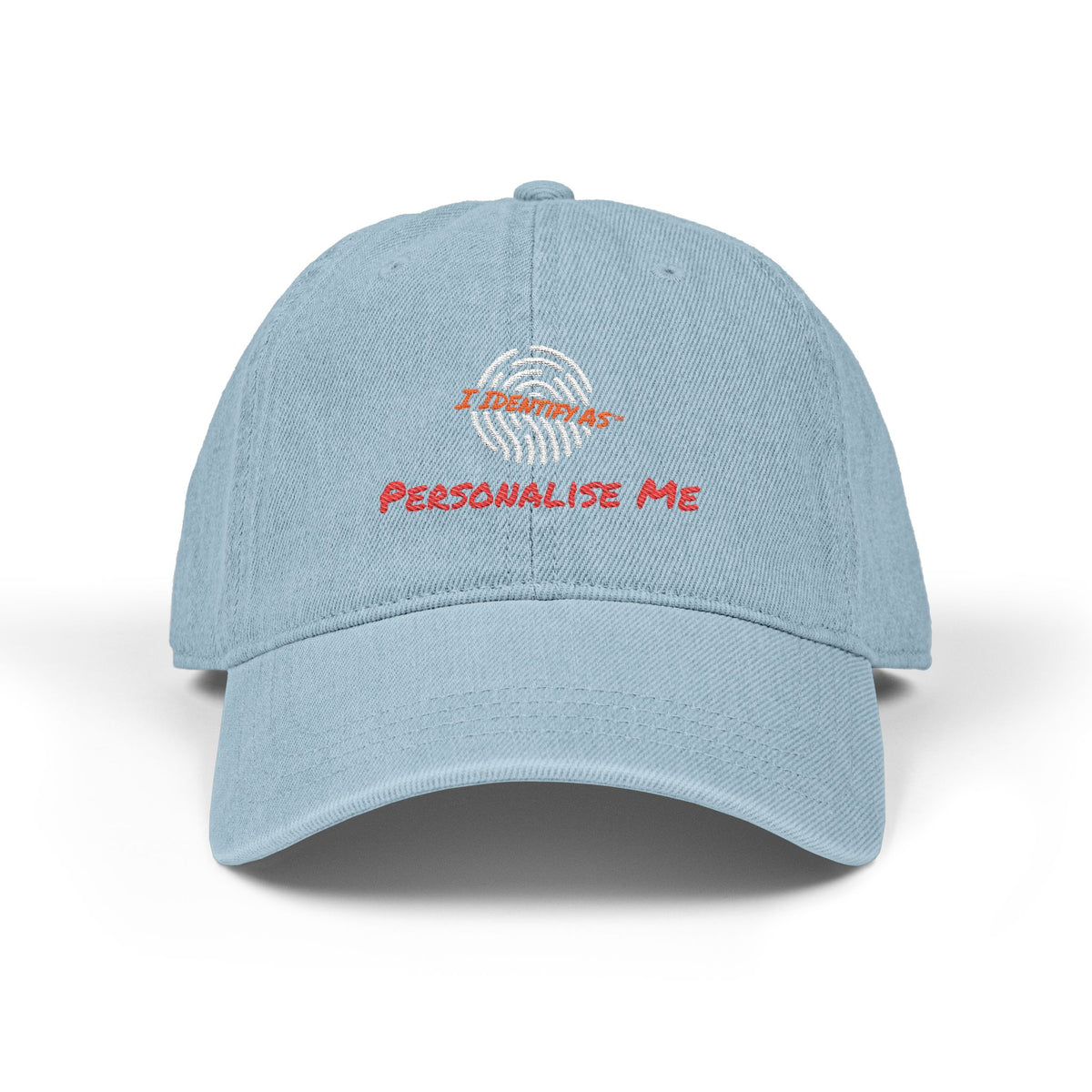 Light blue baseball cap with a white fingerprint graphic and red text reading 'Personalise Me'