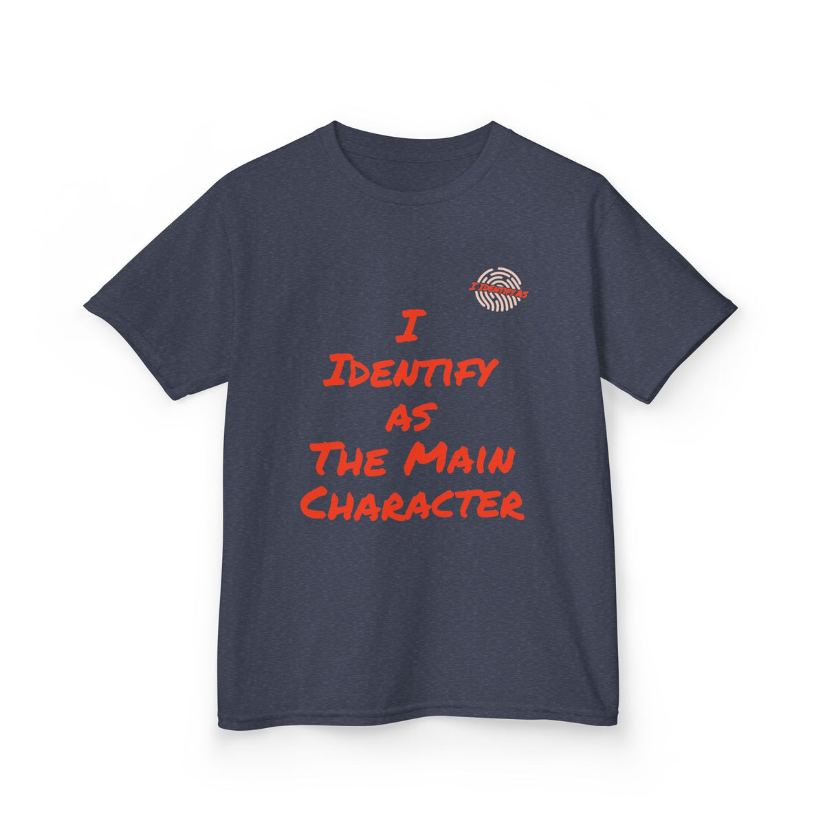 A dark gray short-sleeve t-shirt with a graphic print on the front. The print features a small red and white striped lipstick mark on the upper right chest, followed by the text 'I IDENTIFY AS THE MAIN CHARACTER' in a red, hand-drawn font.
