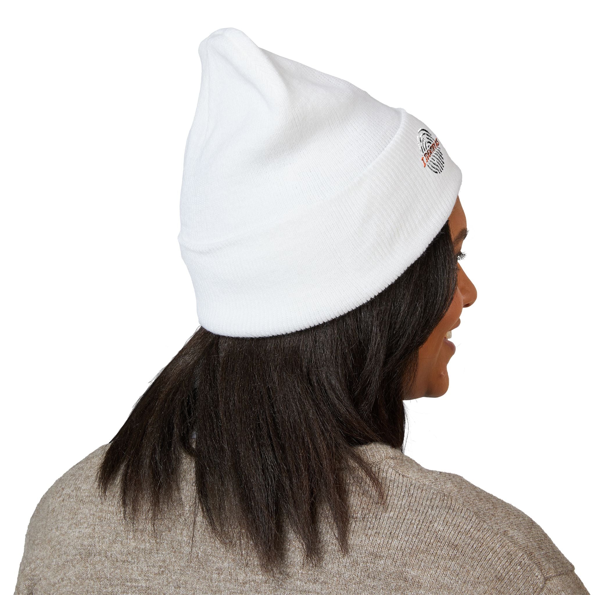 Embroidered 'A Fan Of' Classic Cuffed Beanie — White Knit Winter Hat
