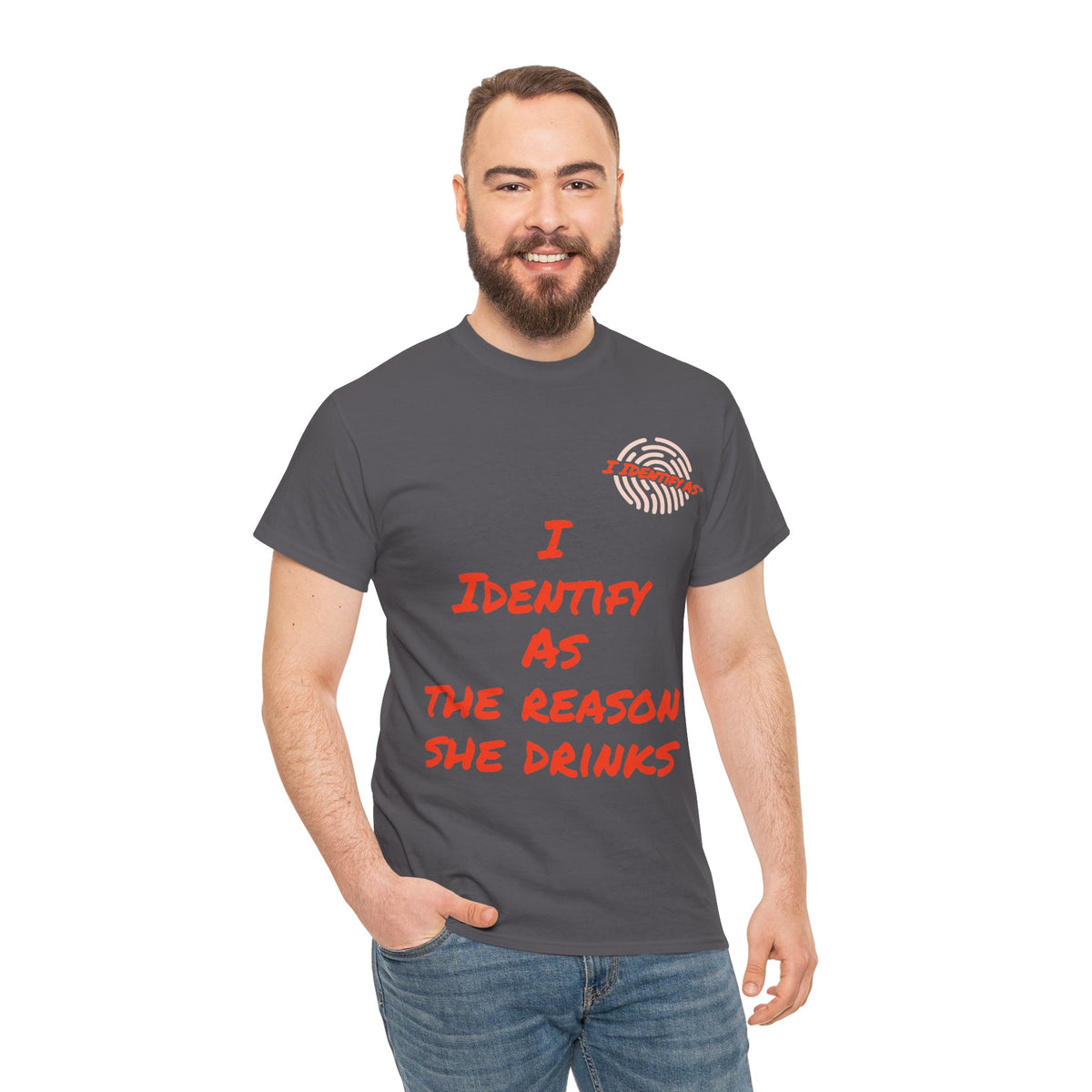 Funny Slogan T‑Shirt – “I Identify As The Reason She Drinks” – Humour Tee – Novelty Gift – Unisex Cotton Graphic Shirt