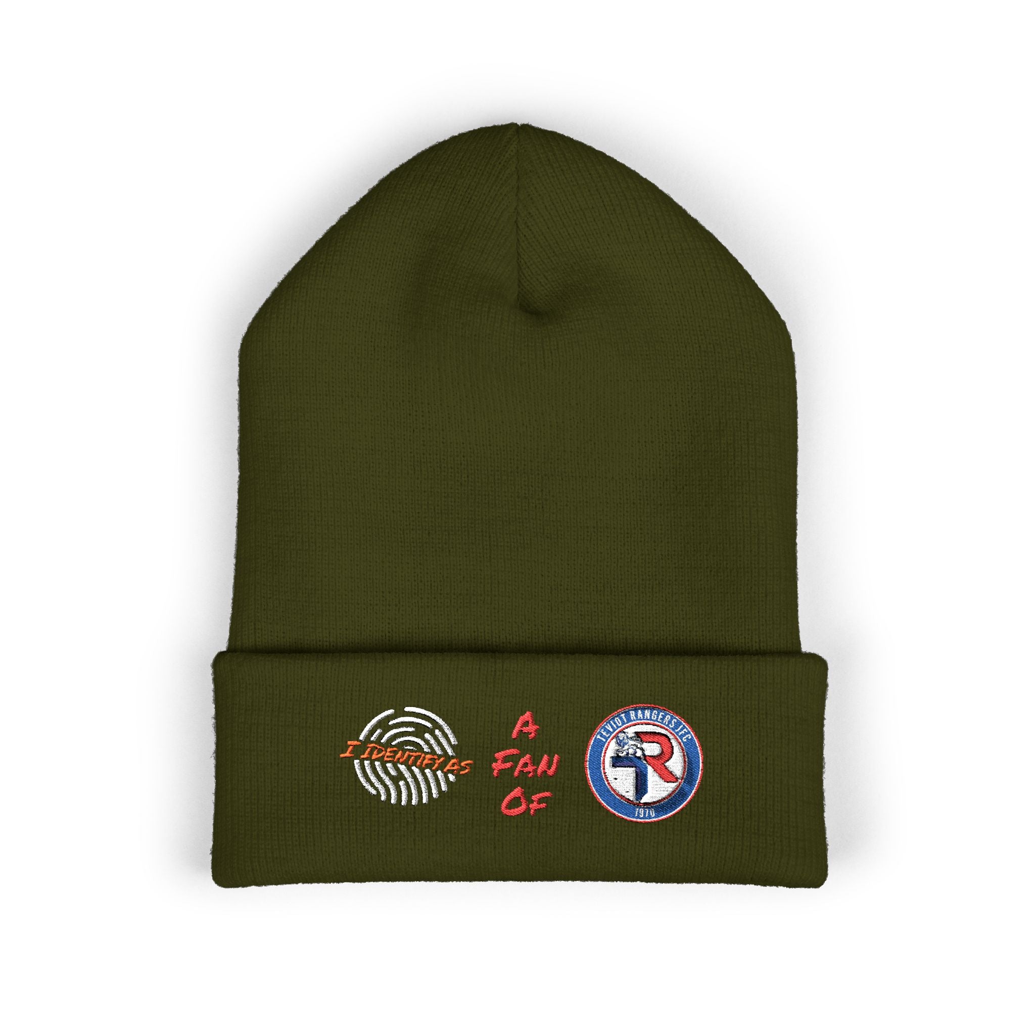 Embroidered 'A Fan Of' Classic Cuffed Beanie — White Knit Winter Hat