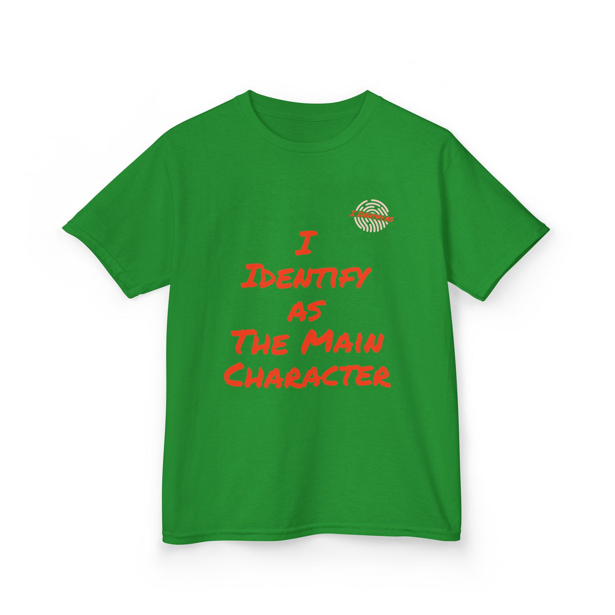 A bright green short-sleeve t-shirt with red text reading 'I IDENTIFY AS THE MAIN CHARACTER' and a small striped circular graphic on the left chest, shown on a plain white background.