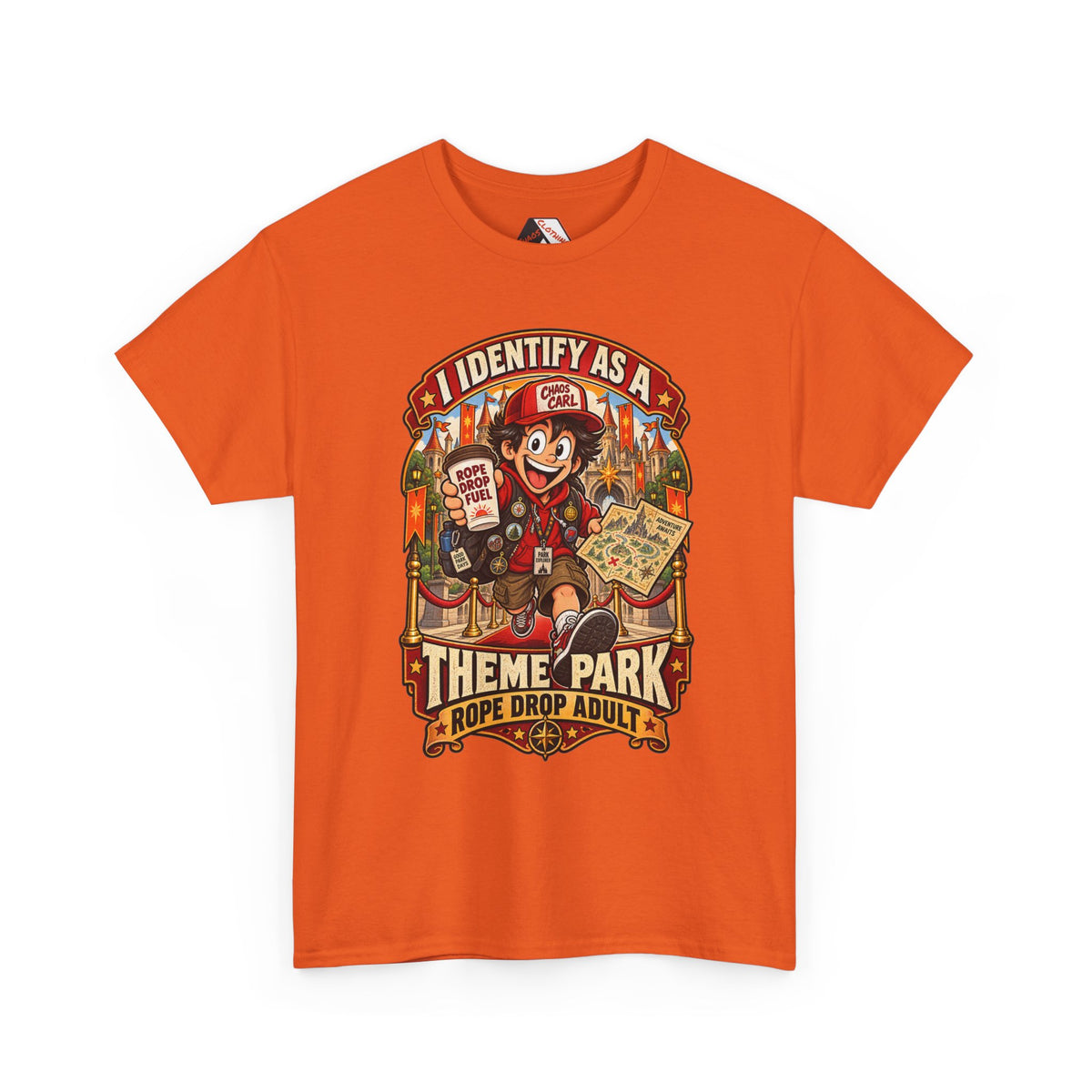 Chaos Clothing by I Identify As™ theme park enthusiast t-shirt showing Chaos Carl™ holding a park map and coffee while charging towards opening-day attractions.