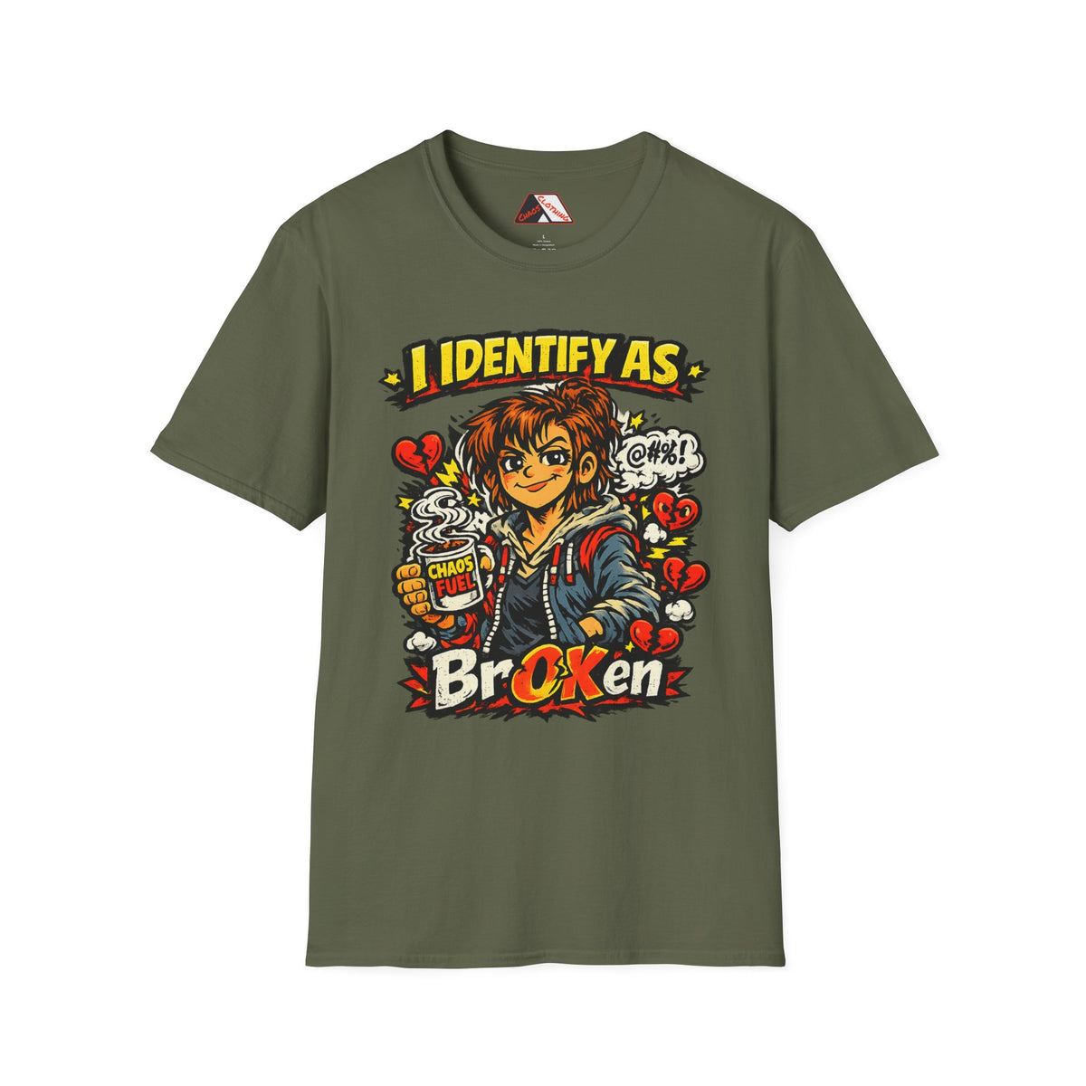 Green Funny comic t‑shirt design for parents and caffeine lovers featuring Fiona and chaos symbols from Chaos Clothing by I Identify As