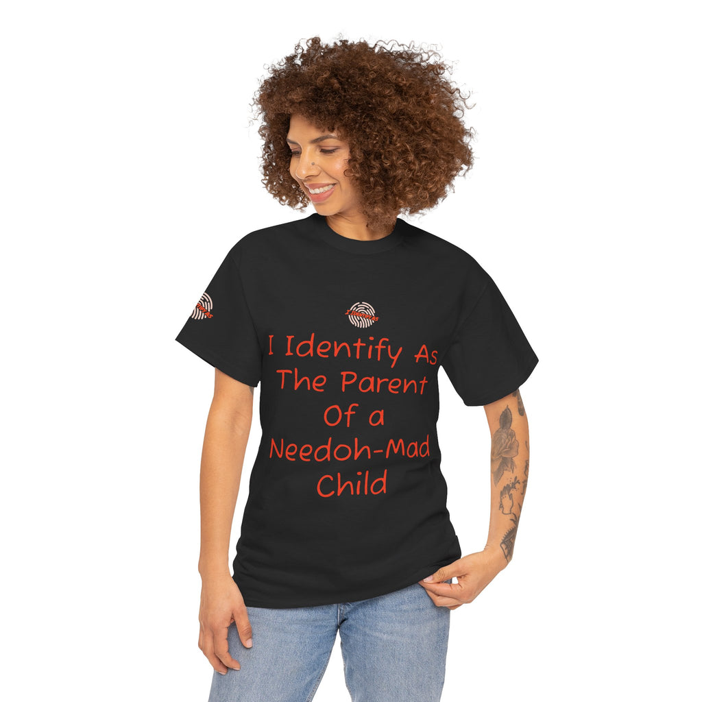 Woman wearing a black t-shirt with colorful needoh text design on a white background