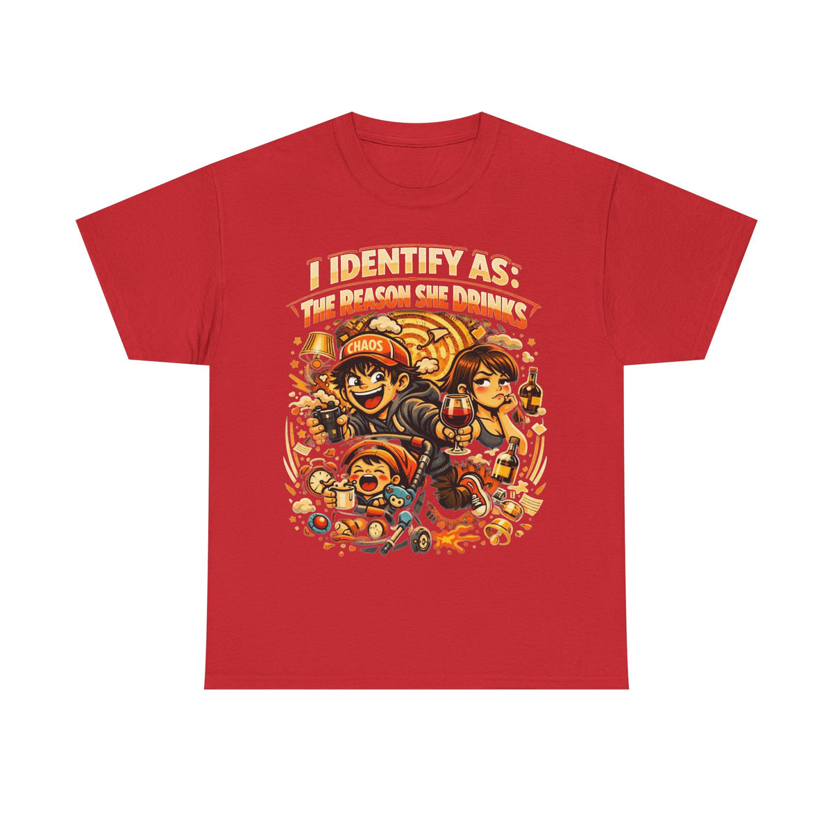 Funny Slogan T‑Shirt – “I Identify As The Reason She Drinks” – Humour Tee – Novelty Gift – Unisex Cotton Graphic Shirt | Chaos Clothing by I Identify As