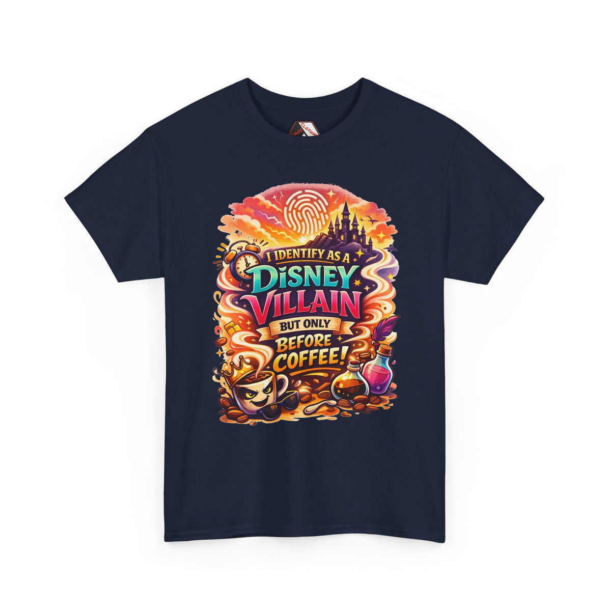 I Identify As a Disney Villain Before Coffee – Funny Theme Park T‑Shirt for Disney Adults