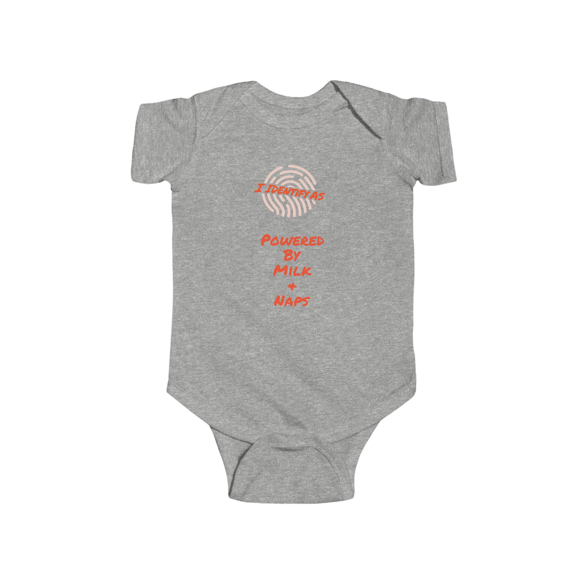 baby bodysuit with short sleeves and snap closures, featuring a graphic print on the chest that reads 'I IDENTIFY AS' above a fingerprint illustration and 'POWERED BY MILK + NAPS' 