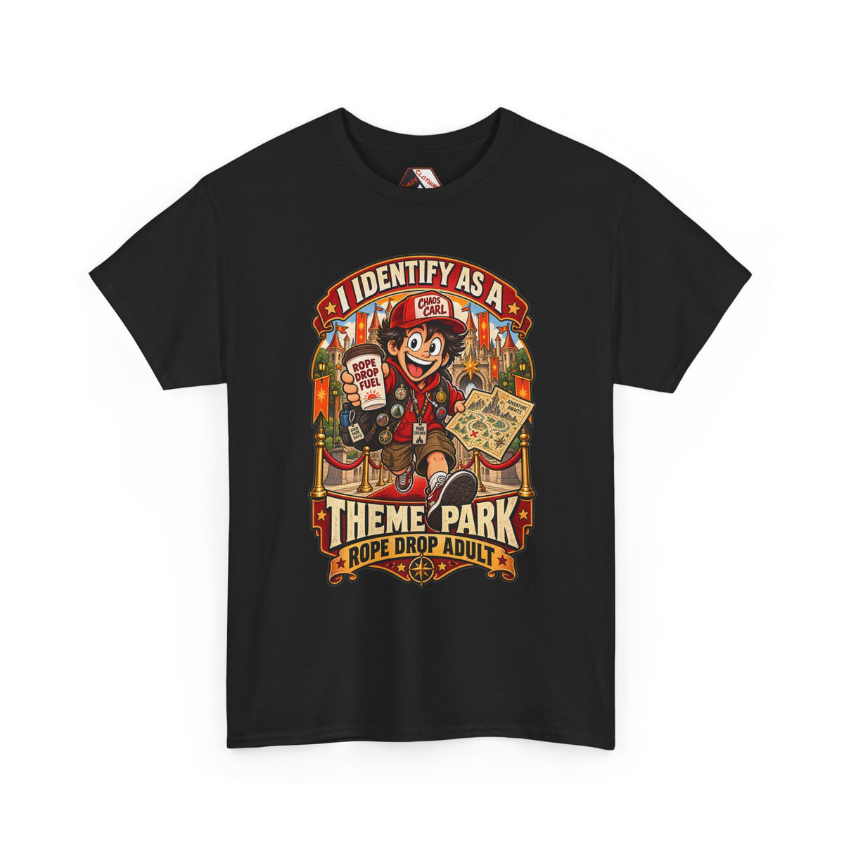 Chaos Clothing by I Identify As™ rope drop adult graphic tee featuring Chaos Carl™, fantasy theme park adventure artwork and distressed vintage poster styling.