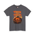 A dark gray short-sleeve crewneck t-shirt featuring a Halloween graphic print with the text 'TRICK OR TREAT' in orange above a glowing jack-o'-lantern pumpkin.