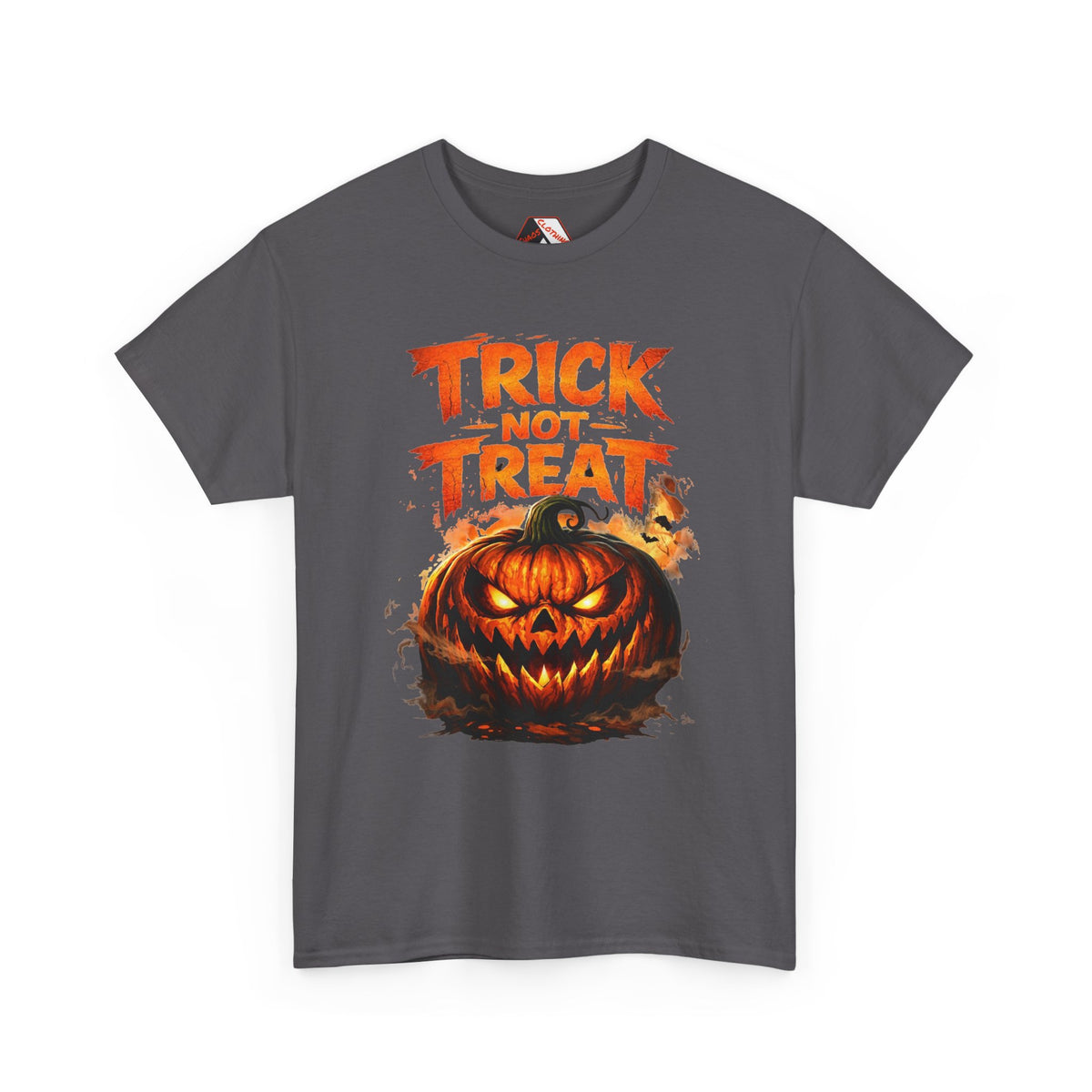 A dark gray short-sleeve crewneck t-shirt featuring a Halloween graphic print with the text 'TRICK OR TREAT' in orange above a glowing jack-o'-lantern pumpkin.