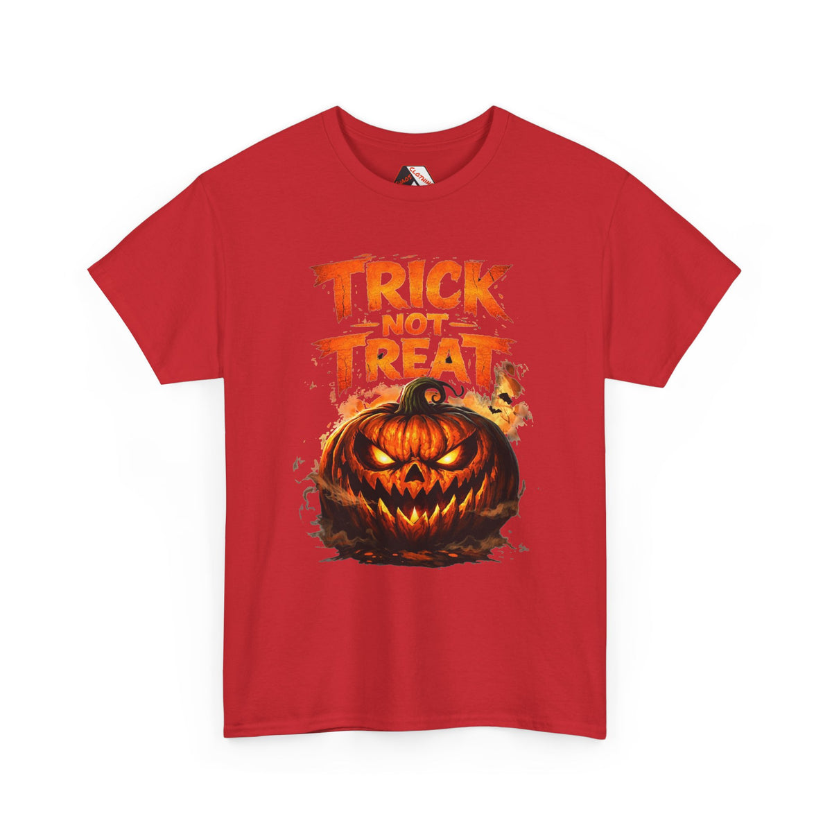 A red short-sleeve crewneck t-shirt featuring a Halloween graphic print with the text 'TRICK OR TREAT' above a carved jack-o'-lantern pumpkin, shown on a plain white background.