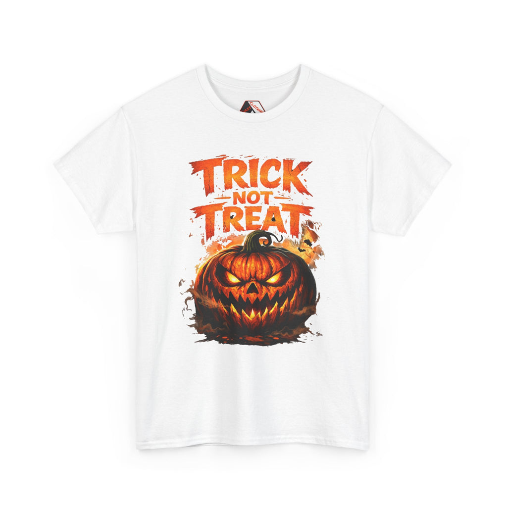 A white short-sleeve crewneck t-shirt featuring a Halloween graphic print on the front with the text 'TRICK OR TREAT' in orange above a carved jack-o'-lantern pumpkin.