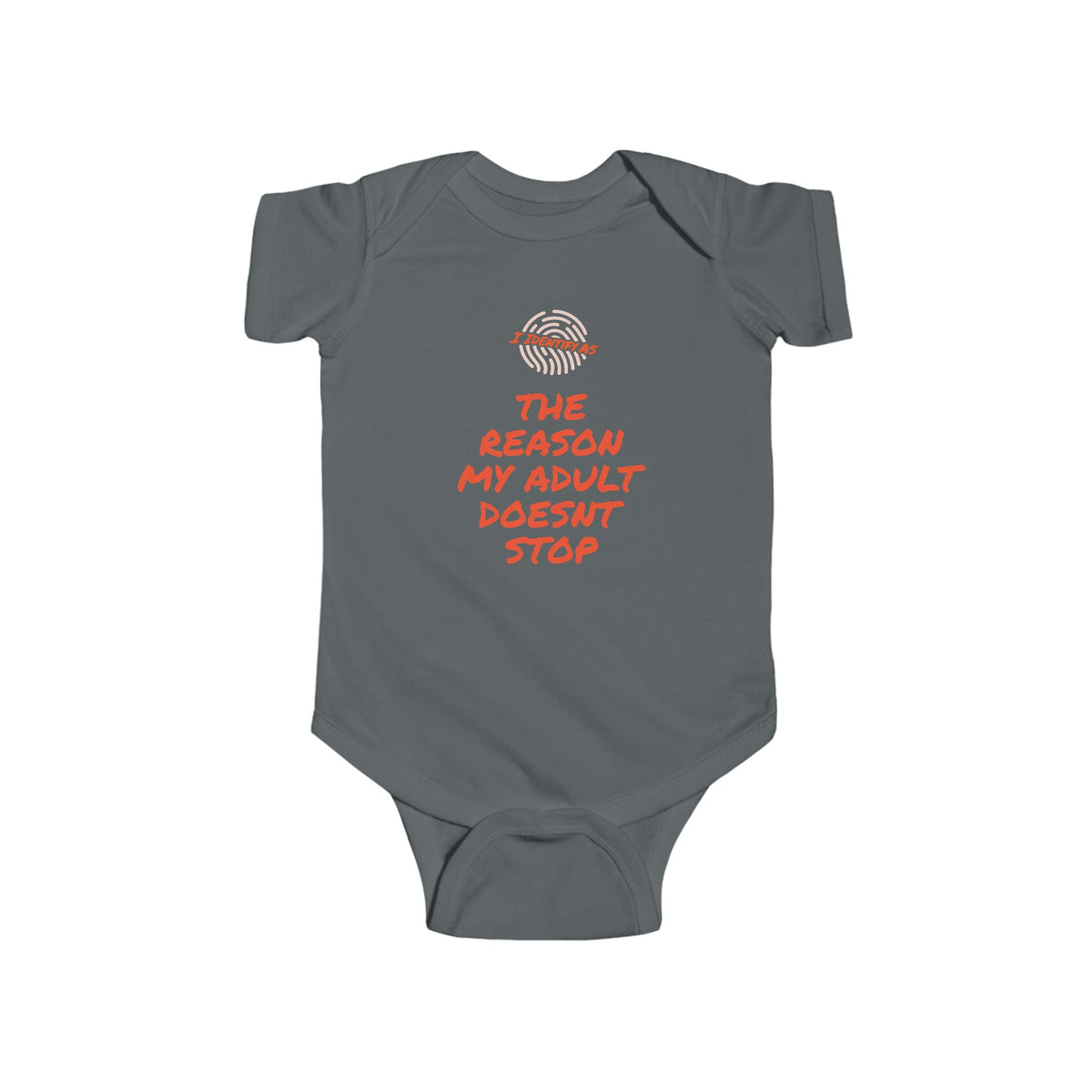 Gray baby onesie with a graphic of a lamb and text on a white background
