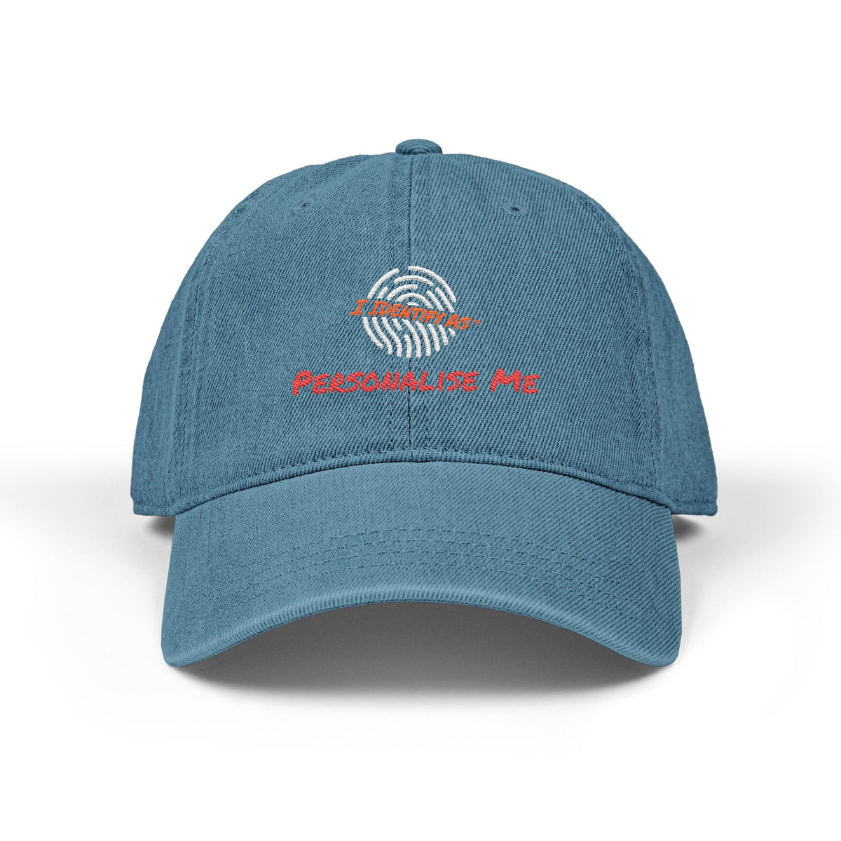 Blue baseball cap featuring a white fingerprint graphic and red slogan text.