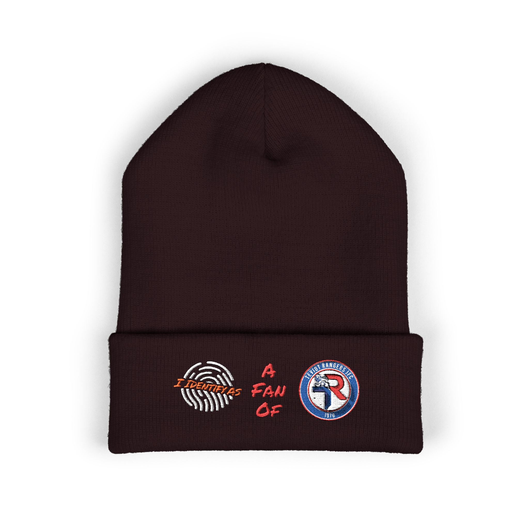 Embroidered 'A Fan Of' Classic Cuffed Beanie — White Knit Winter Hat