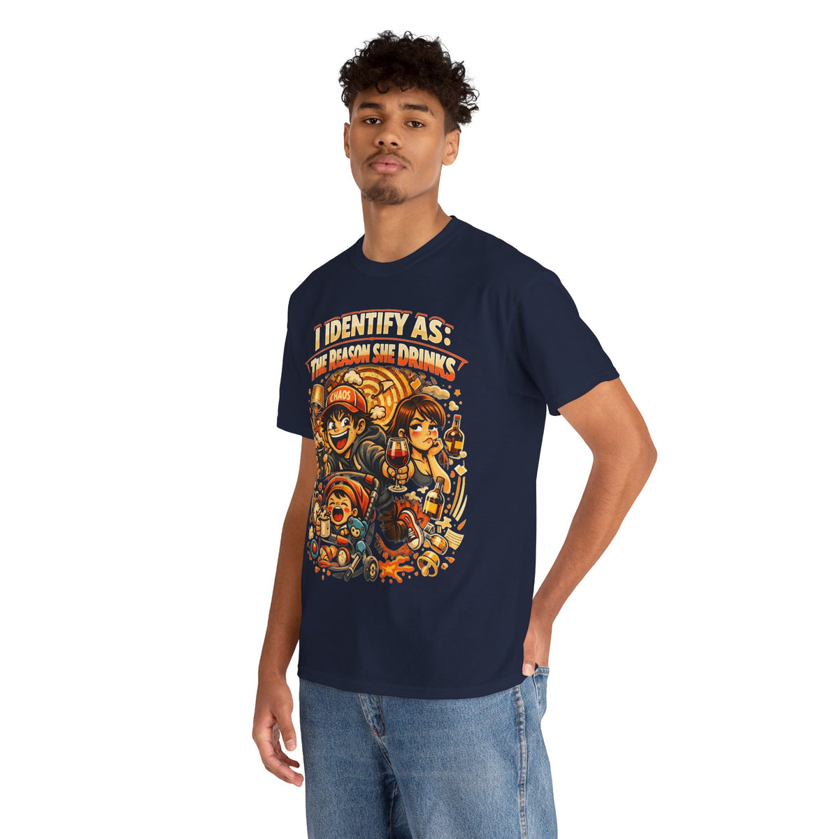 Funny Slogan T‑Shirt – “I Identify As The Reason She Drinks” – Humour Tee – Novelty Gift – Unisex Cotton Graphic Shirt | Chaos Clothing by I Identify As