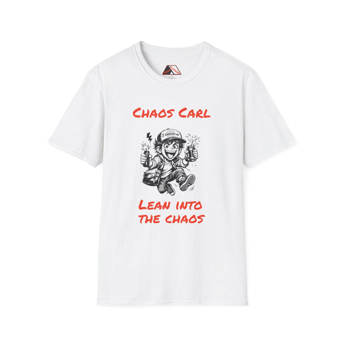 A white short-sleeve crewneck t-shirt featuring a cartoon graphic of a chaotic character with the text 'CHAOS CARL' above and 'LEAN INTO THE CHAOS' below in red lettering. From I Identify As