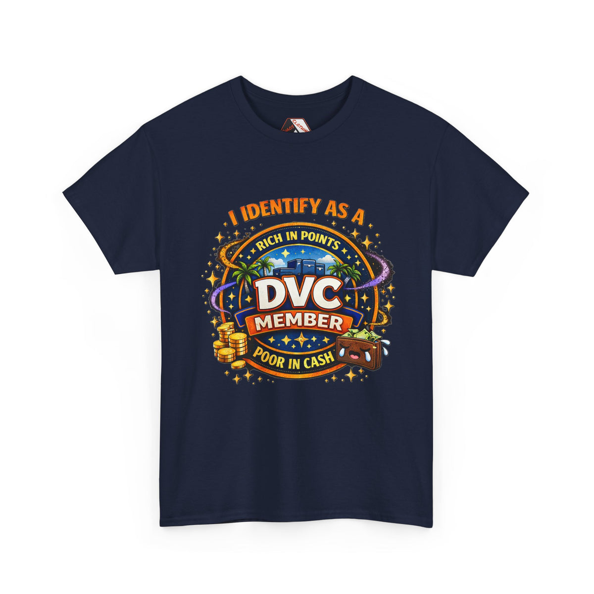 A navy blue short-sleeve t-shirt with a colorful graphic print on the front. The graphic features a casino-themed design with the text 'I IDENTIFY AS A DVC MEMBER POOR IN CASH' and includes illustrations of a slot machine, a craps table, and stacks of gold coins.