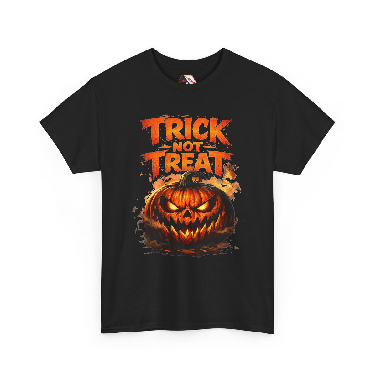 A black short-sleeve crewneck t-shirt featuring a graphic print of a glowing jack-o'-lantern pumpkin and the text 'TRICK NOT TREAT' in orange and yellow, displayed on a clean white background.