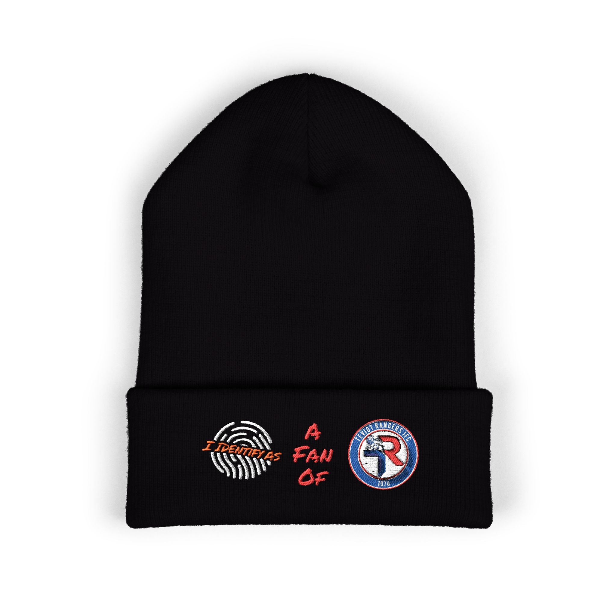 Embroidered 'A Fan Of' Classic Cuffed Beanie — White Knit Winter Hat