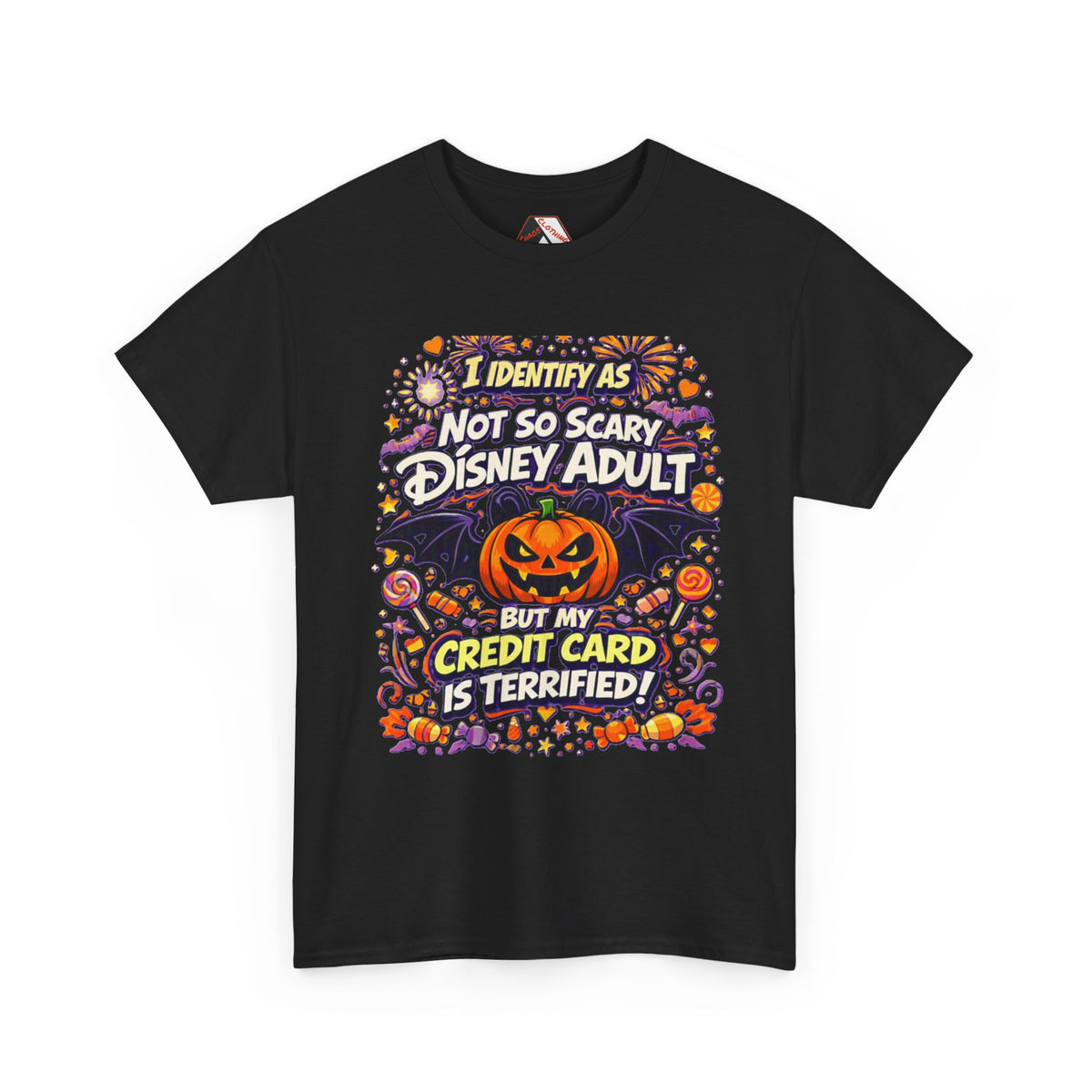 A black short-sleeve crewneck t-shirt with a colorful graphic print on the front. The graphic features a jack-o'-lantern, bats, candy corn, and fireworks, with the text 'I IDENTIFY AS NOT SO SCARY DISNEY ADULT BUT MY CREDIT CARD IS TERRIFIED!' in stylized fonts.