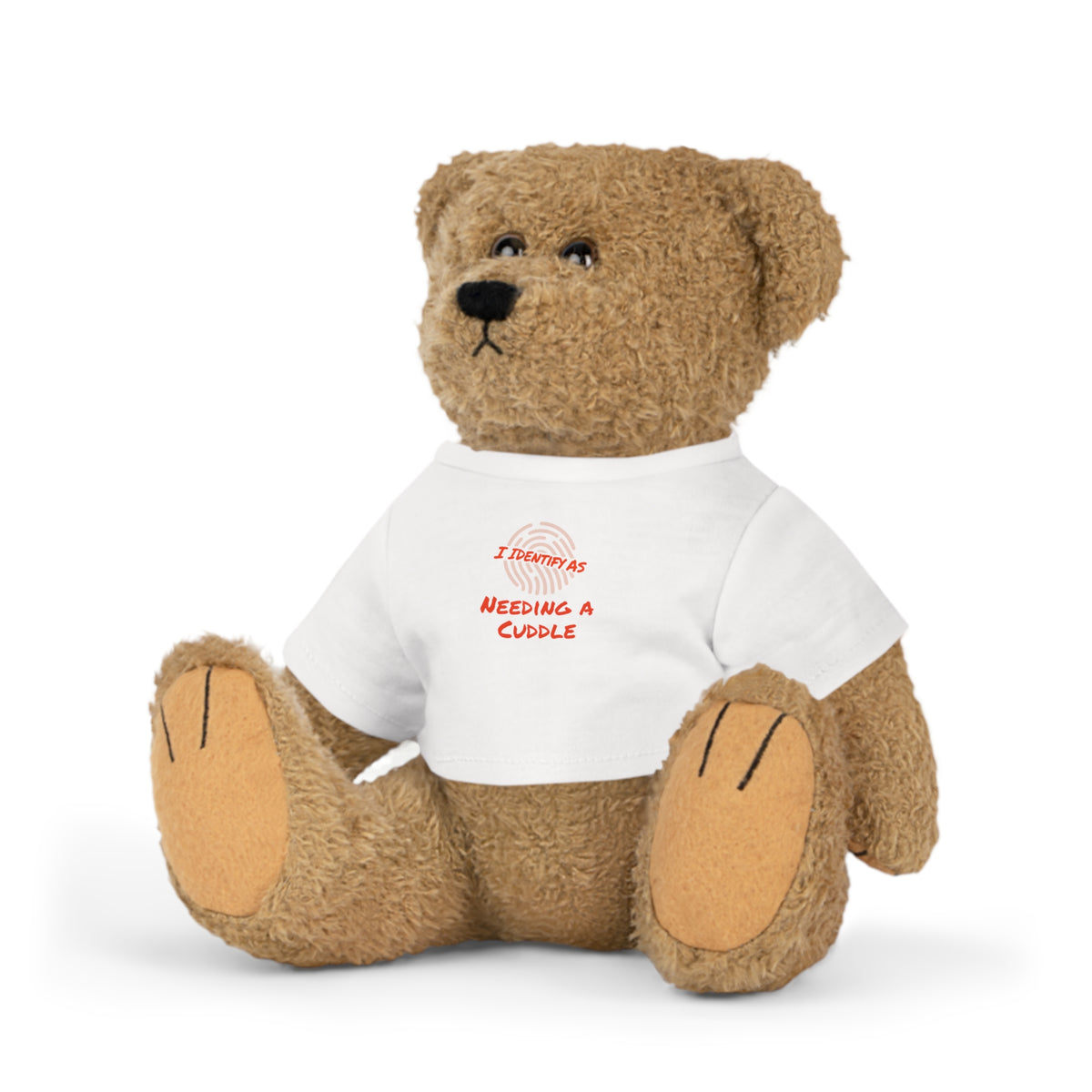 Soft Toy with White T‑Shirt – “Needing a Cuddle” – Cute Plush Gift – Sleepy Collection – Funny Comfort Toy