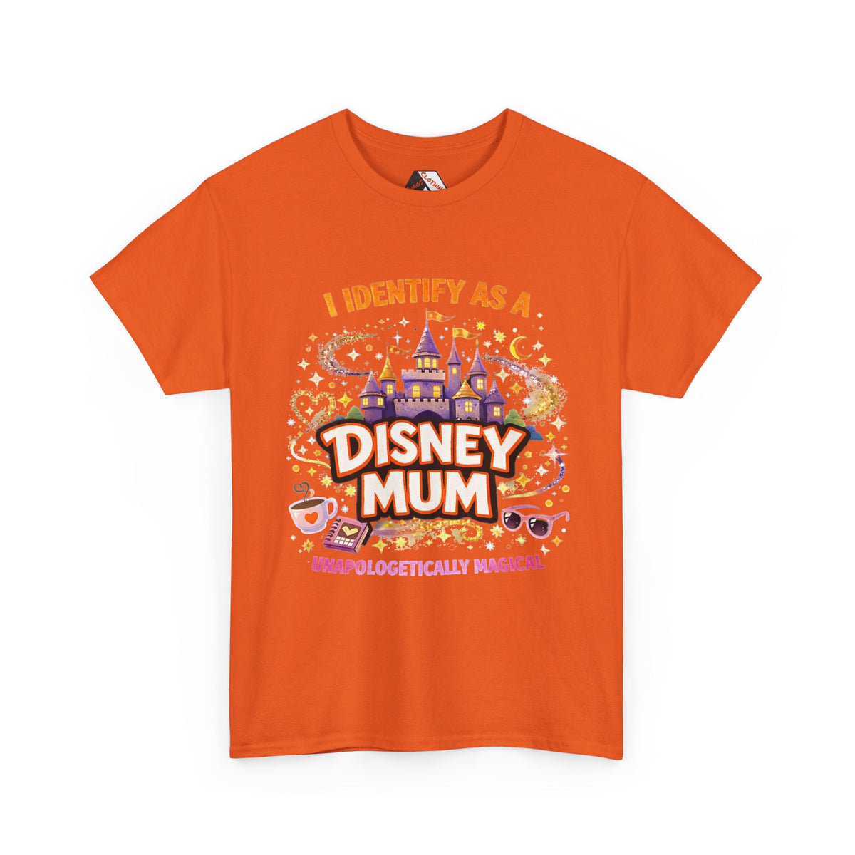 An orange short-sleeve crewneck t-shirt featuring a colorful graphic print on the front with the text 'I IDENTIFY AS A DISNEY MUM' and various Disney-themed illustrations.