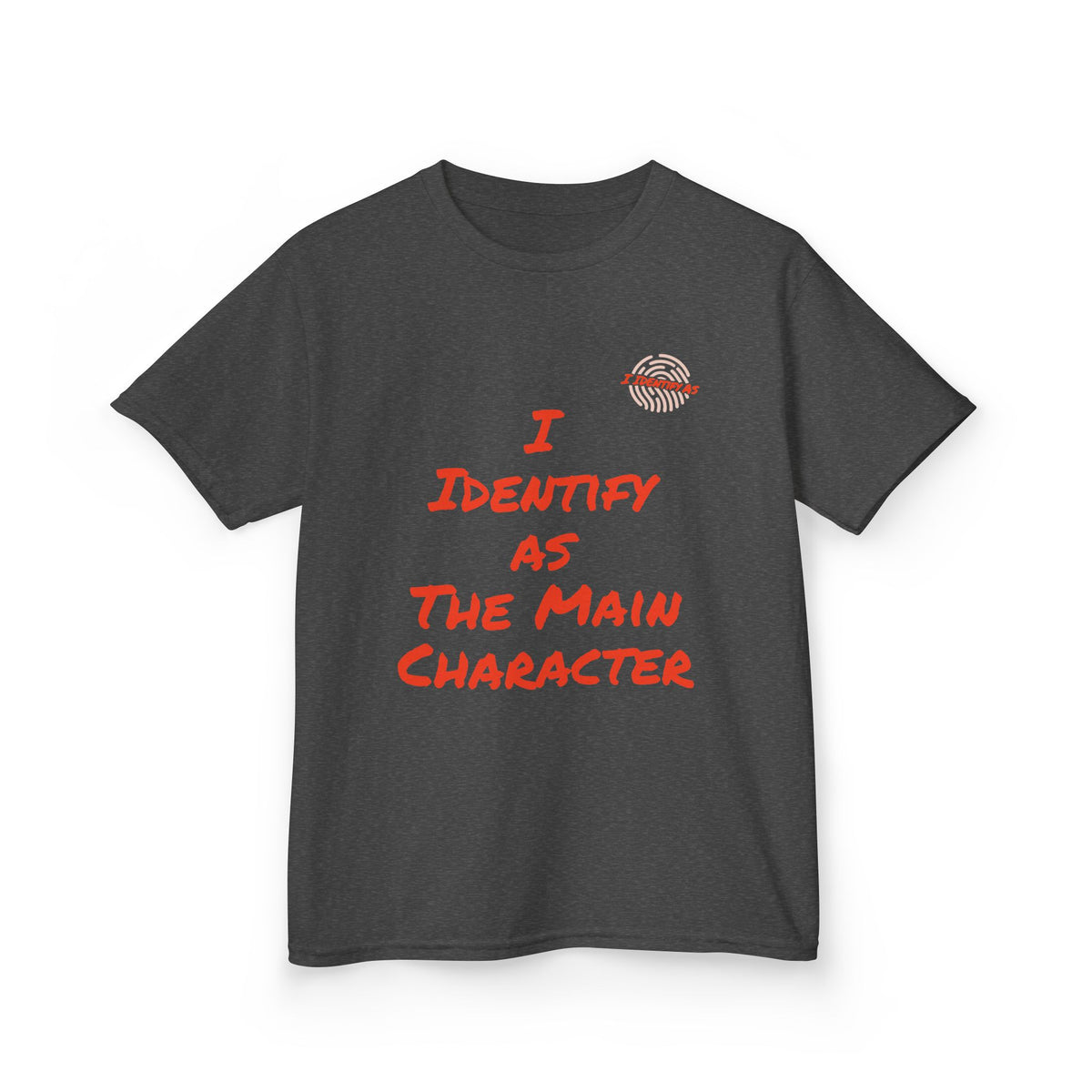 A dark gray heather t-shirt with a graphic print that reads 'I IDENTIFY AS THE MAIN CHARACTER' in red text, featuring a small red and white striped character head icon on the upper right chest, displayed on a clean white background.