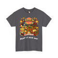 A dark gray short-sleeve t-shirt with a colorful carnival-themed graphic print featuring the text 'I IDENTIFY AS CUSTOM' and 'PRINT IT YOUR WAY'.