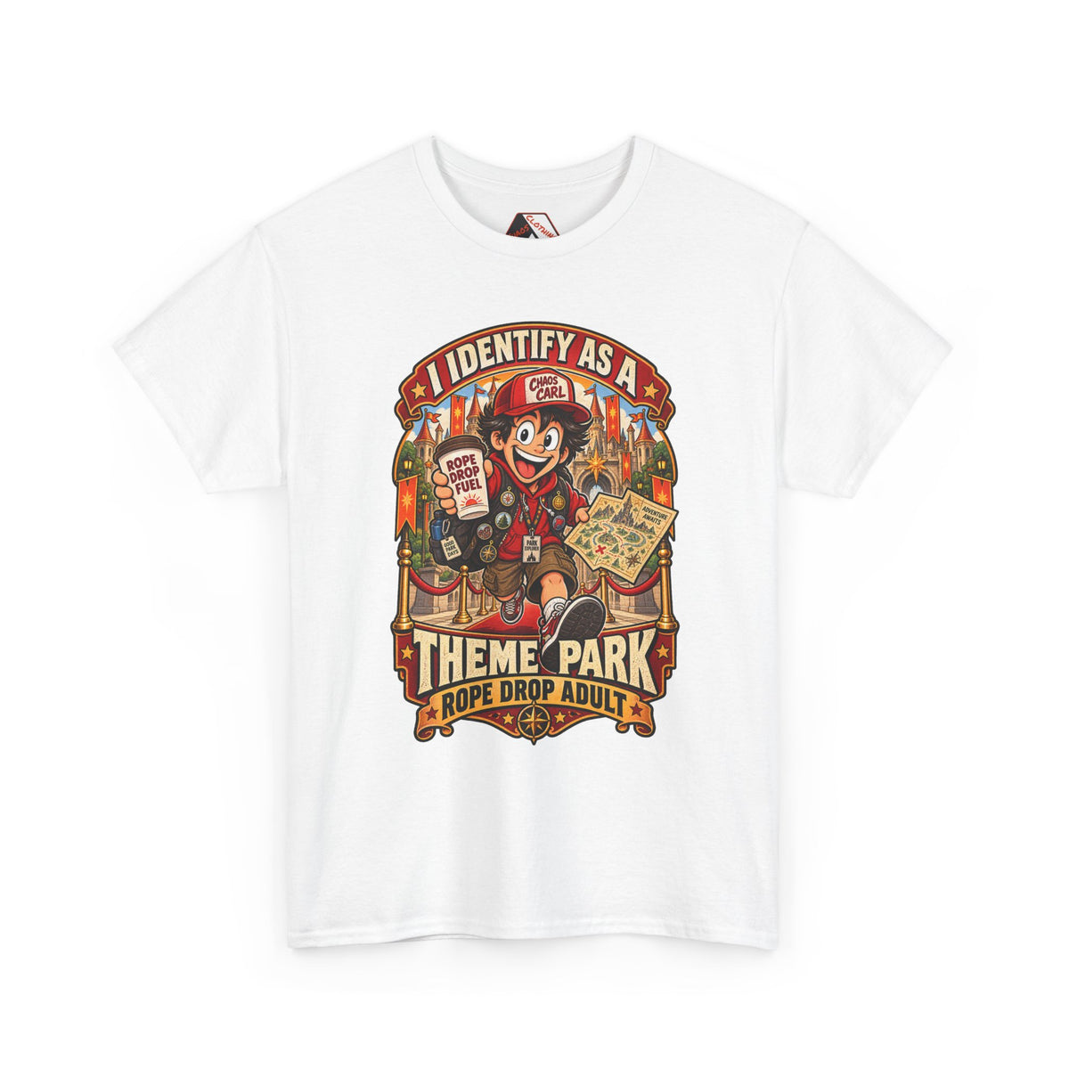 Chaos Clothing by I Identify As™ park hopper graphic tee showing Chaos Carl™ sprinting towards a fantasy theme park with map, coffee and explorer gear.