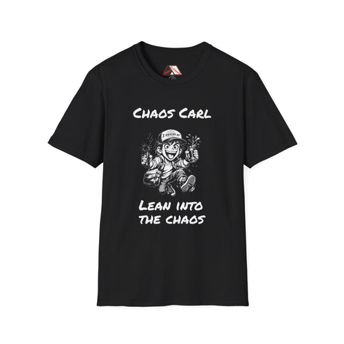 Black T‑shirt featuring cartoon character Chaos Carl with the slogan “Lean Into The Chaos”  by I Idenitify As