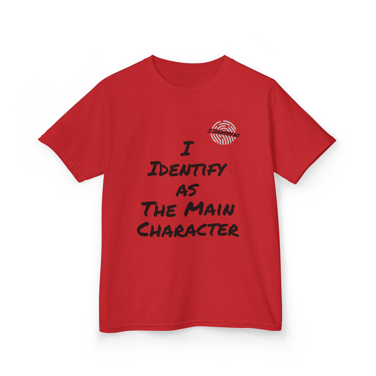 A white short-sleeve crewneck t-shirt with red text on the front reading 'I IDENTIFY AS THE MAIN CHARACTER' in a hand-drawn font. A small red circular logo is visible on the upper right chest.