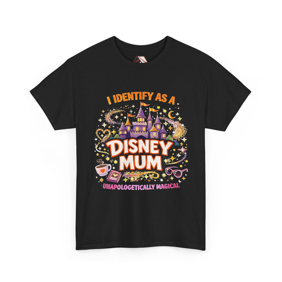A black short-sleeve t-shirt with a colorful graphic print on the front. The graphic features a purple castle, stars, and the text 'I IDENTIFY AS A DISNEY MUM' in bold white letters with a red outline, along with 'UNAPOLOGETICALLY MAGICAL' at the bottom.