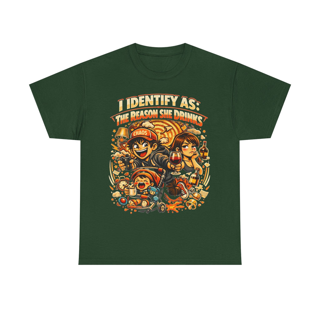 Funny Slogan T‑Shirt – “I Identify As The Reason She Drinks” – Humour Tee – Novelty Gift – Unisex Cotton Graphic Shirt | Chaos Clothing by I Identify As