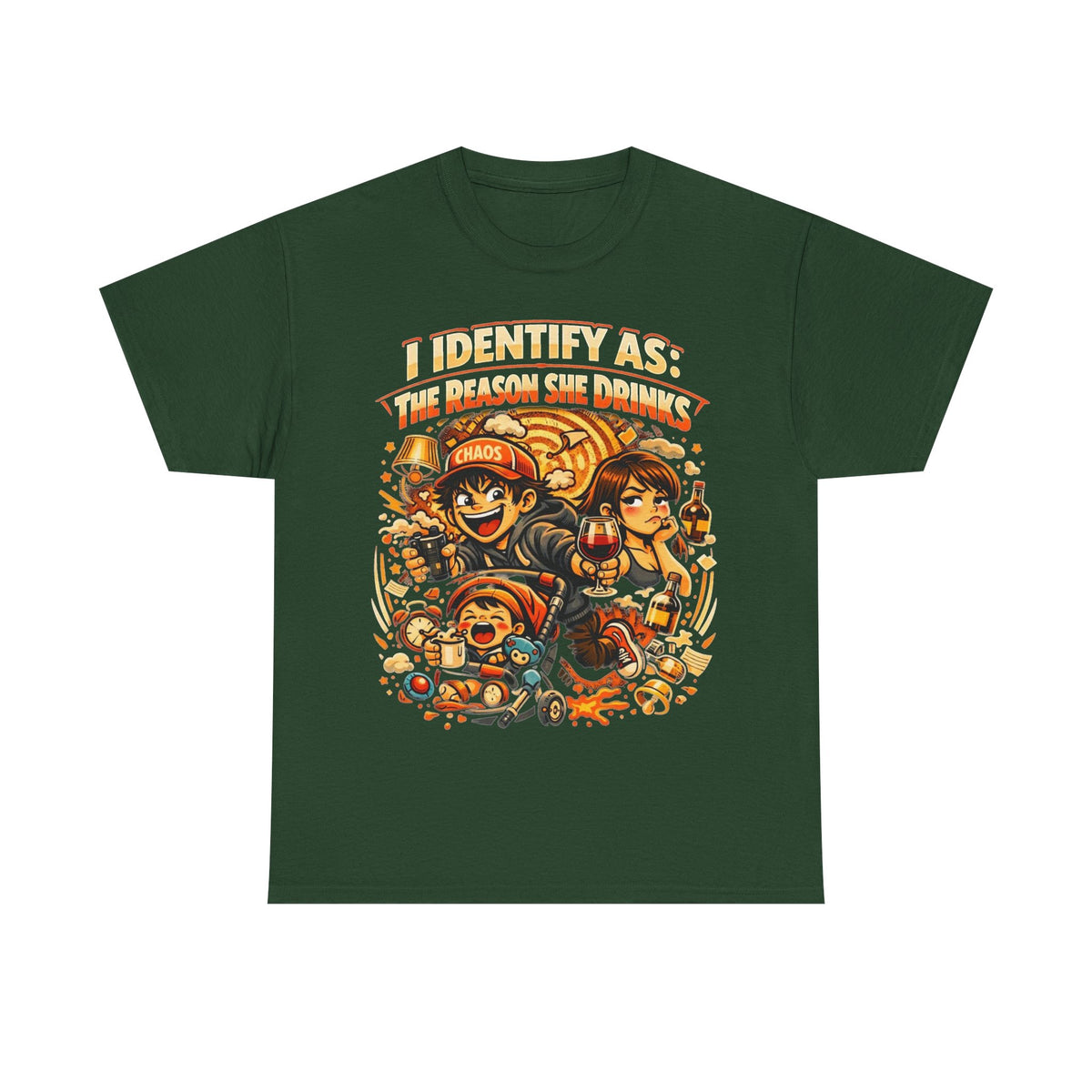 Funny Slogan T‑Shirt – “I Identify As The Reason She Drinks” – Humour Tee – Novelty Gift – Unisex Cotton Graphic Shirt | Chaos Clothing by I Identify As
