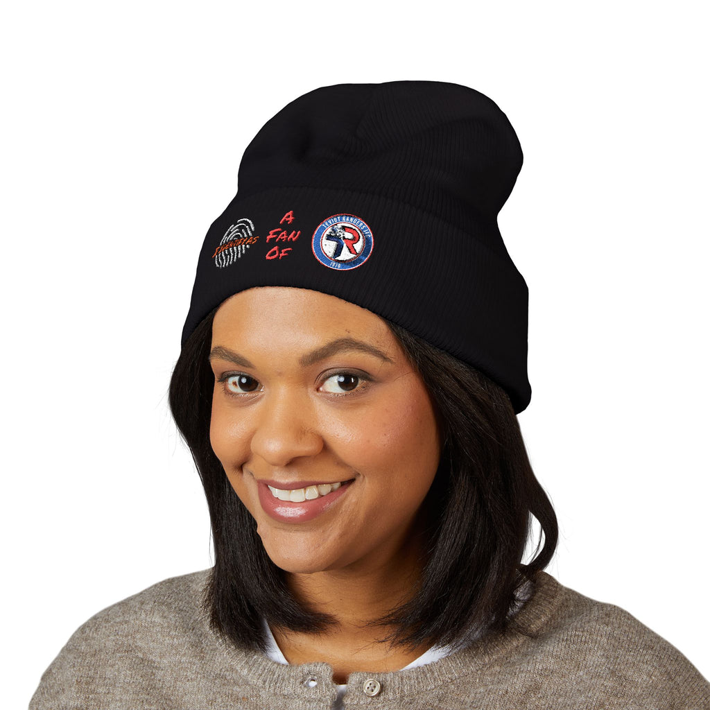 Embroidered 'A Fan Of' Classic Cuffed Beanie — White Knit Winter Hat
