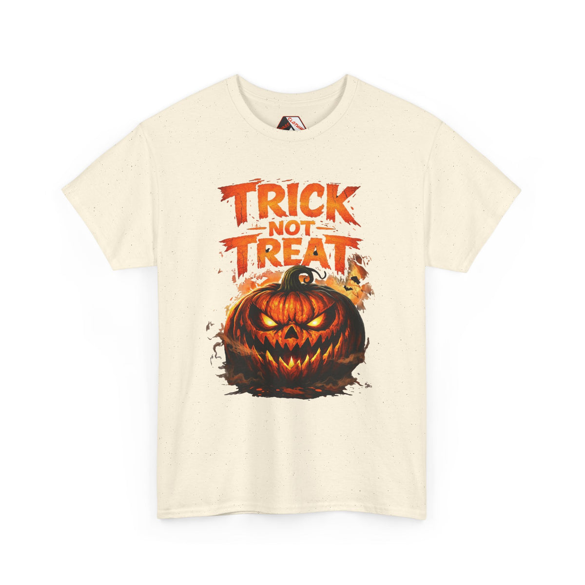 An off-white short-sleeve t-shirt with a 'Trick or Treat' Halloween graphic featuring a carved jack-o'-lantern and orange text, displayed on a clean white background.