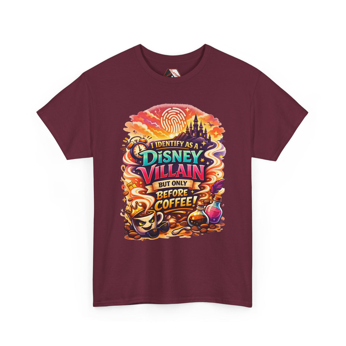 I Identify As a Disney Villain Before Coffee – Funny Theme Park T‑Shirt for Disney Adults