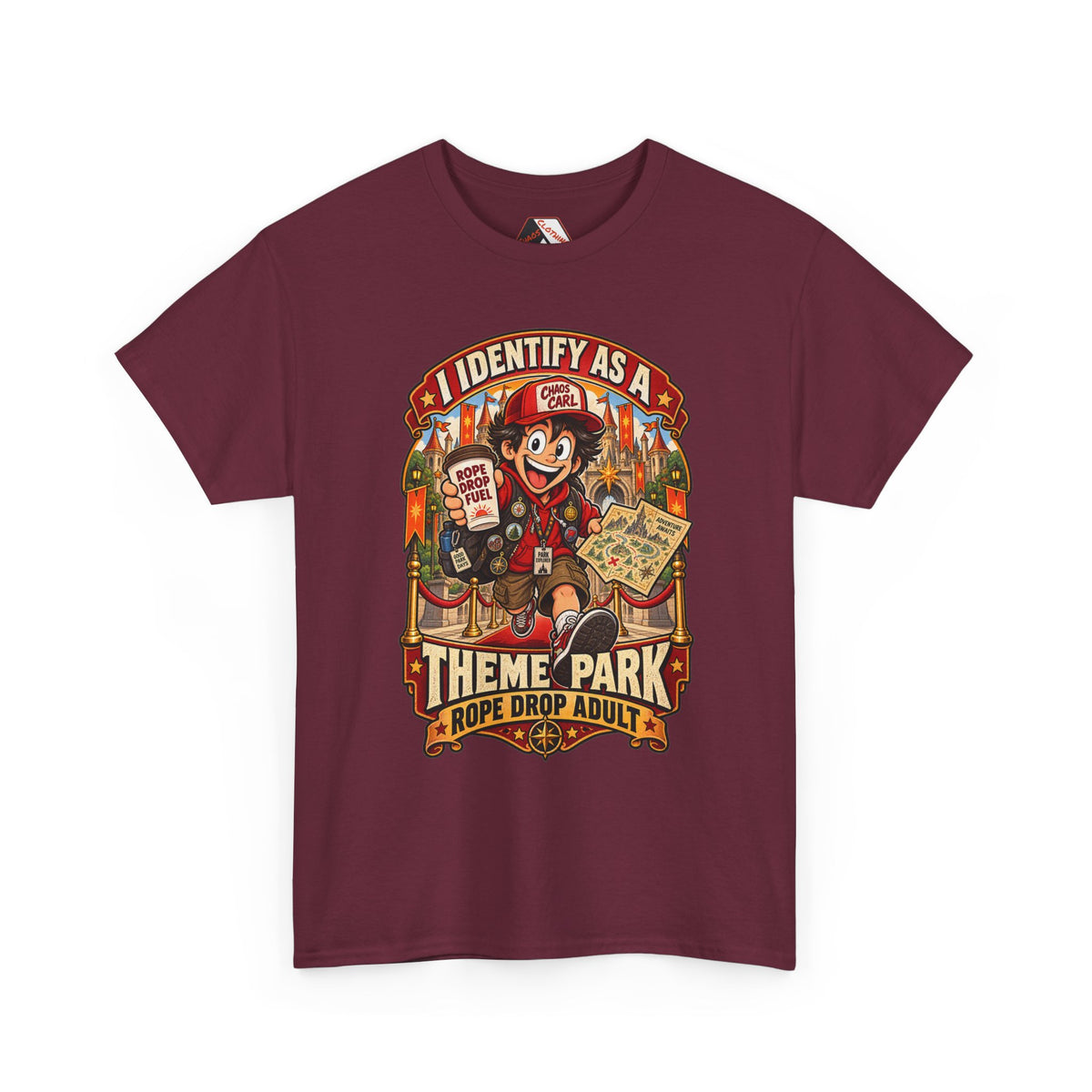 Chaos Clothing by I Identify As™ retro amusement park shirt featuring Chaos Carl™, rope drop barriers, fantasy castle backdrop and adventure-themed artwork.