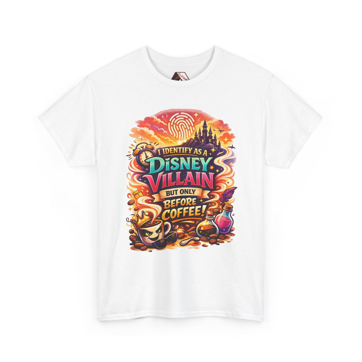 I Identify As a Disney Villain Before Coffee – Funny Theme Park T‑Shirt for Disney Adults