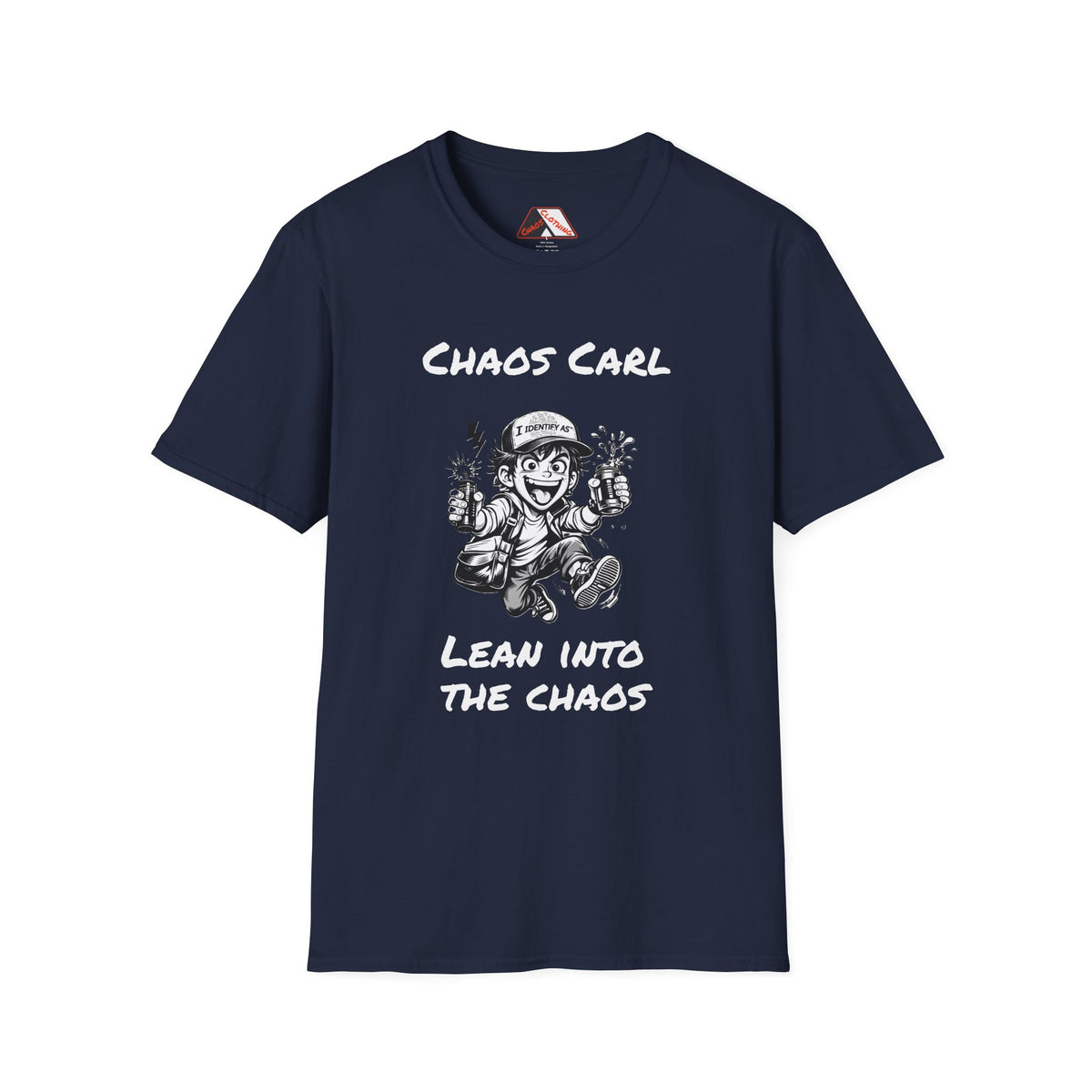 Blue T‑shirt featuring cartoon character Chaos Carl with the slogan “Lean Into The Chaos”  by I Identify As