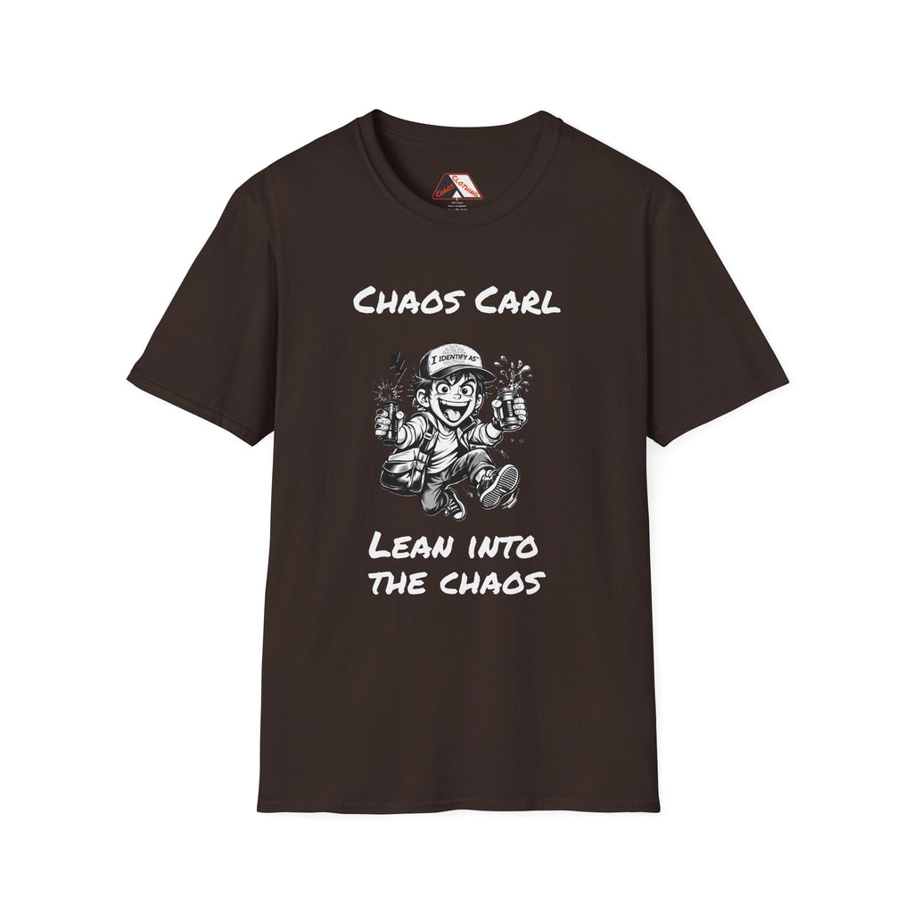 Brown T‑shirt featuring cartoon character Chaos Carl with the slogan “Lean Into The Chaos”  by I Identify As