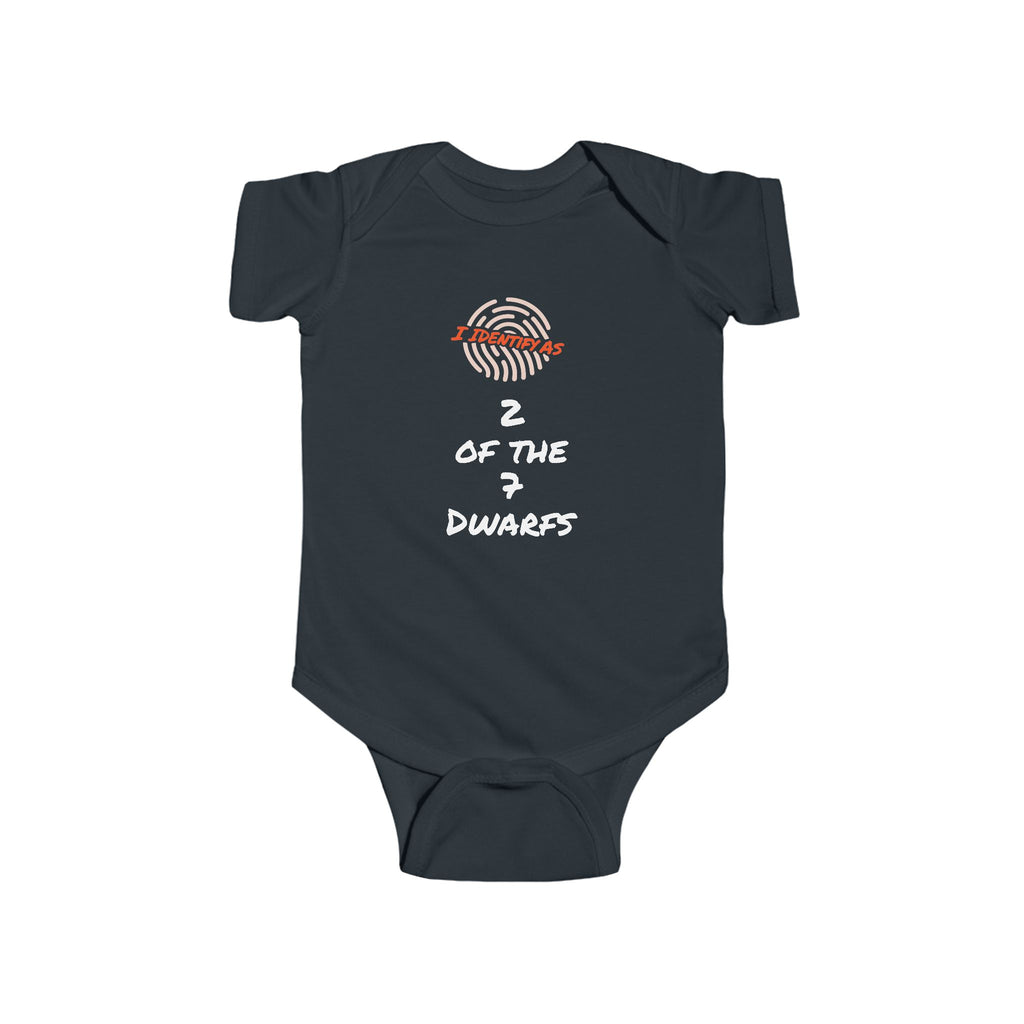 A dark charcoal gray baby bodysuit with short sleeves and snap closures, featuring a graphic print on the chest with a fingerprint design with the text '2 OF THE 7 DWARFS' in white and red.