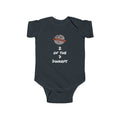 A dark charcoal gray baby bodysuit with short sleeves and snap closures, featuring a graphic print on the chest with a fingerprint design with the text '2 OF THE 7 DWARFS' in white and red.