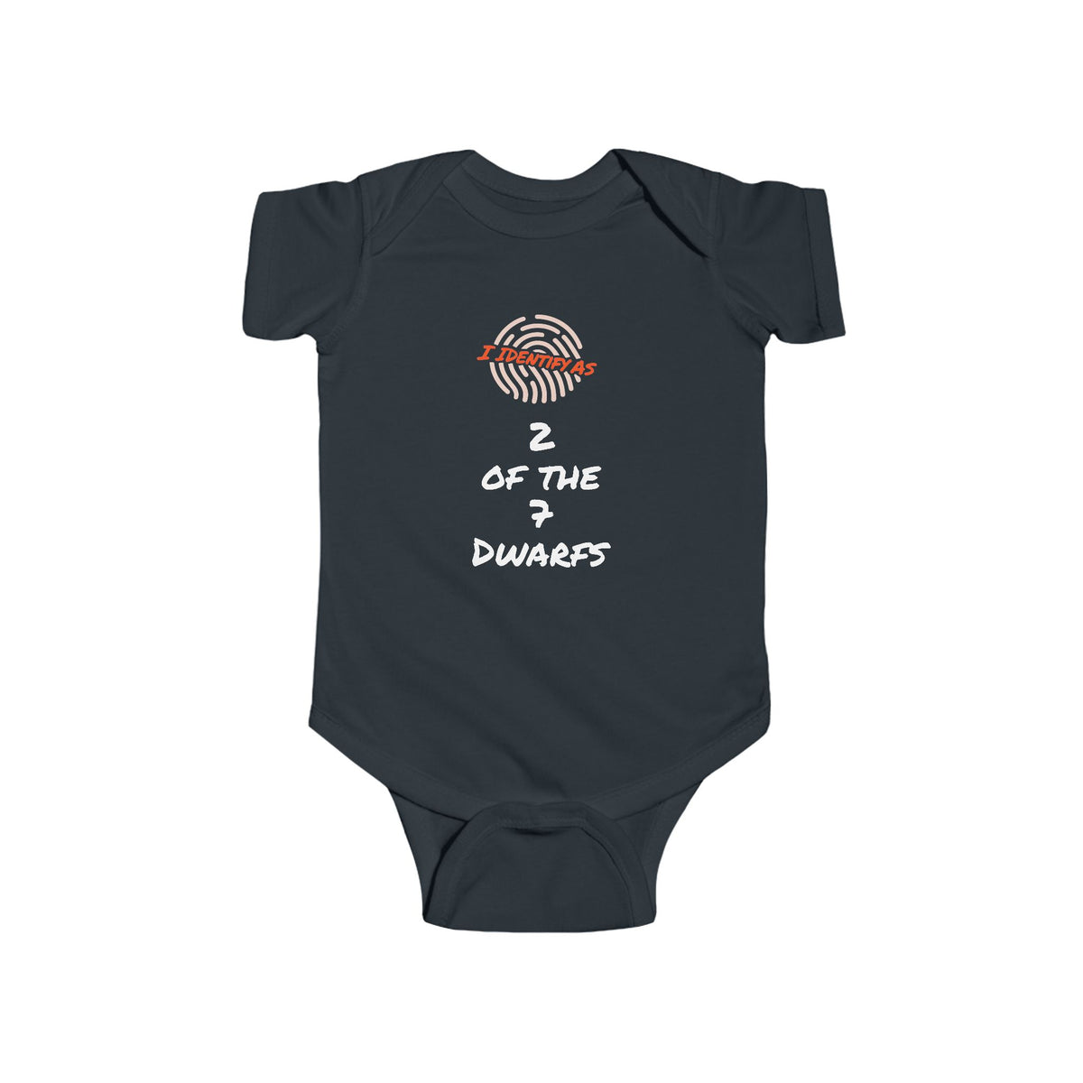 A dark charcoal gray baby bodysuit with short sleeves and snap closures, featuring a graphic print on the chest with a fingerprint design with the text '2 OF THE 7 DWARFS' in white and red.