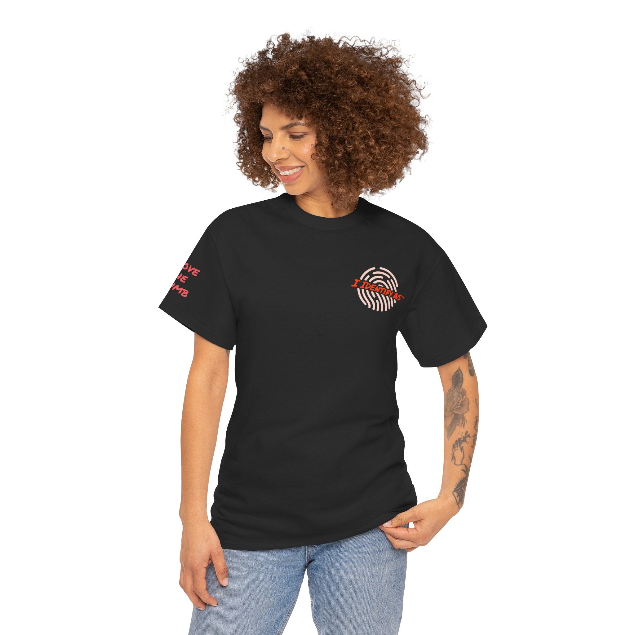 I Identify As® Above The Thumb identity sleeve collection t‑shirt – subtle sleeve print – unisex cotton tee