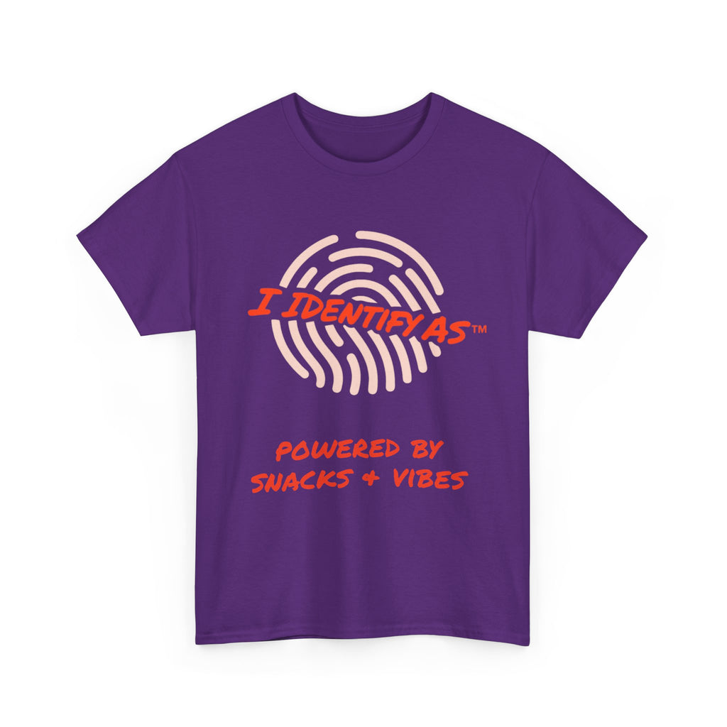 I Identify As Powered By Snacks and Vibes funny graphic t‑shirt – snack lover humour design – unisex cotton tee