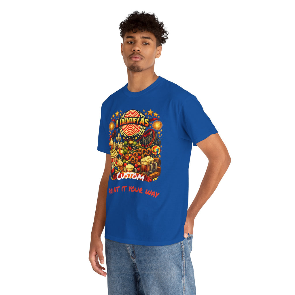 A man wearing a royal blue t-shirt with a colorful graphic print that reads 'I DENY AS CUSTOM PRINT IT YOUR WAY' and 'I IDENTIFY AS', paired with blue jeans, against a plain white background.