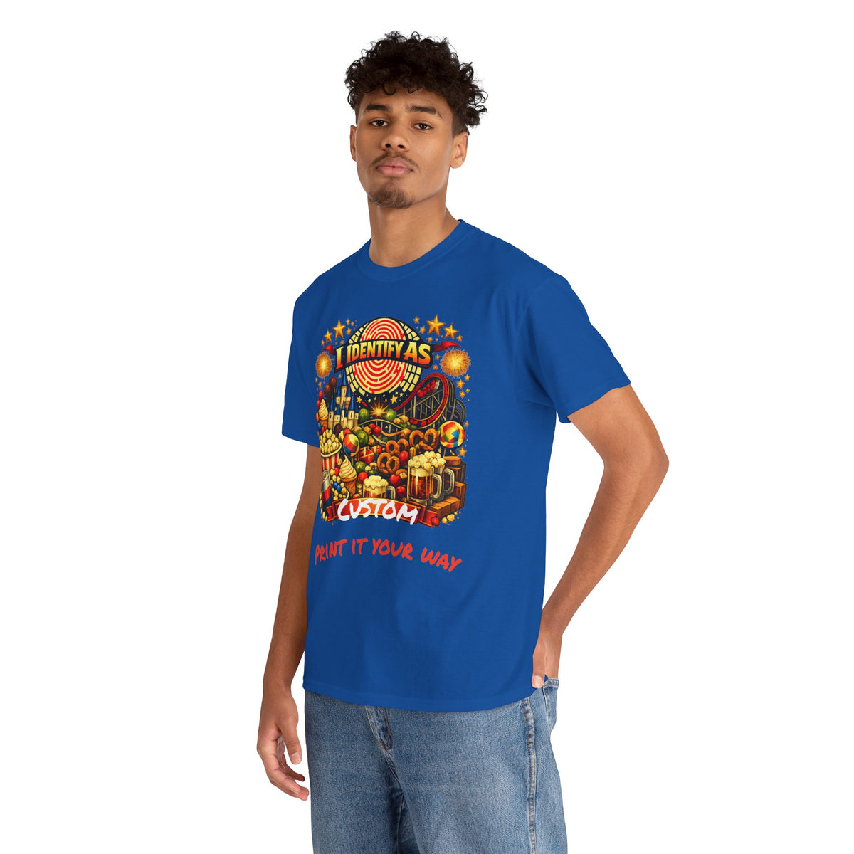 A man wearing a royal blue t-shirt with a colorful graphic print that reads 'I DENY AS CUSTOM PRINT IT YOUR WAY' and 'I IDENTIFY AS', paired with blue jeans, against a plain white background.